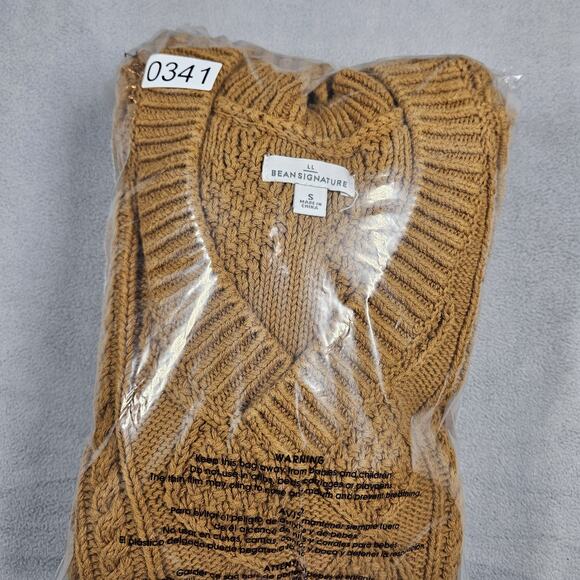 LL Bean Signature Sweater Womens Small Cable Knit Fisherman Tunic V-Neck Mustard - Picture 11 of 11